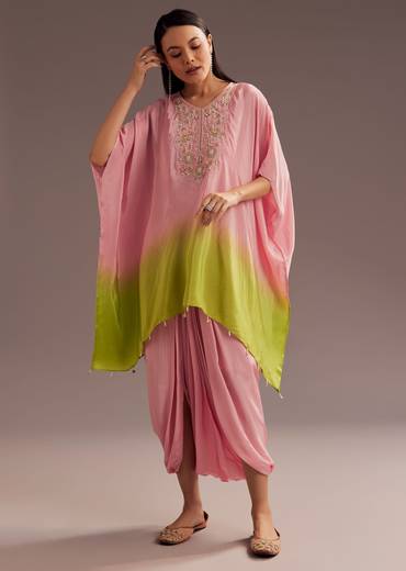 Pink Ombre Moti Zardosi Crepe Kaftan Kurta Dhoti Set