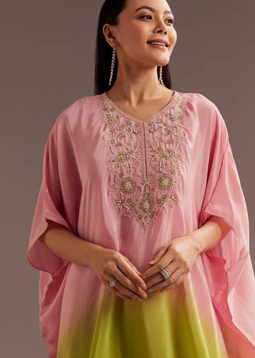 Pink Ombre Moti Zardosi Crepe Kaftan Kurta Dhoti Set