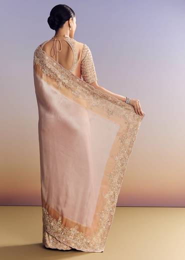 Pink Peach Kora Silk Saree With Zardosi Embroidery