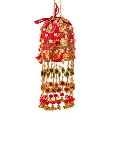 Pink Pearl Embellished Pom Pom Tassel Potli Bag