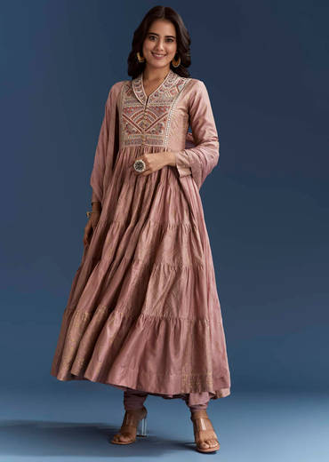 Pink Printed Chanderi Anarkali Set With Thread Work
