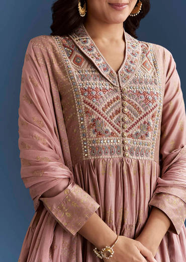 Pink Printed Chanderi Anarkali Set With Thread Work