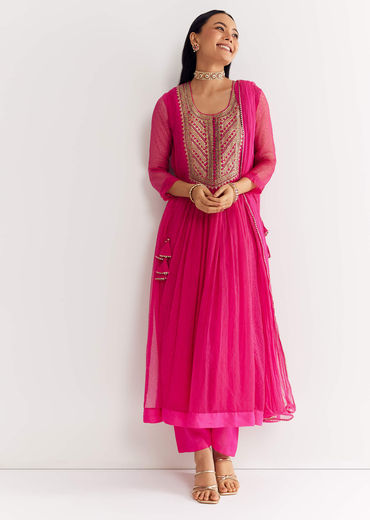Pink Printed Chiffon Sequin Kurta Set With Dupatta