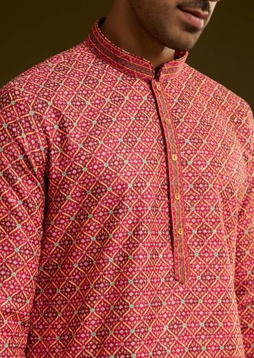 Pink Printed Kurta Set In Silk