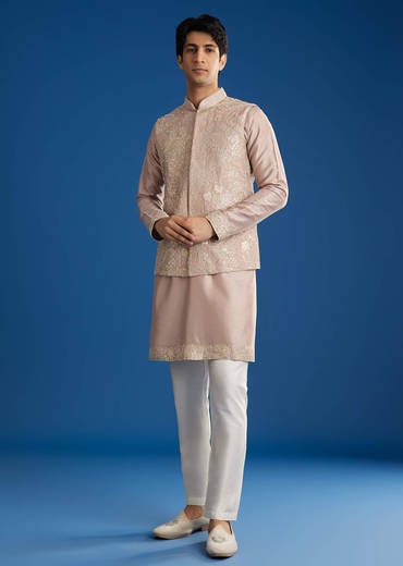 Pink Rawsilk Jacket Kurta Set With Zari Sequins And Cut Dana