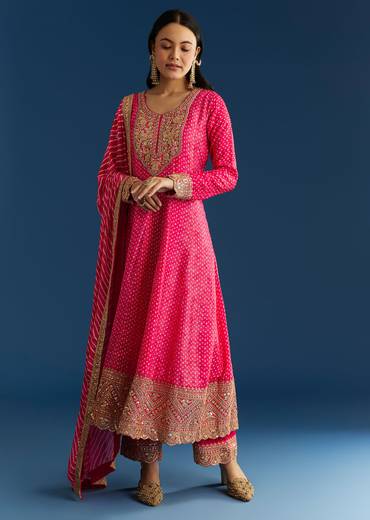 Pink Russian Silk Bandhani Anarkali With Leheriya Dupatta