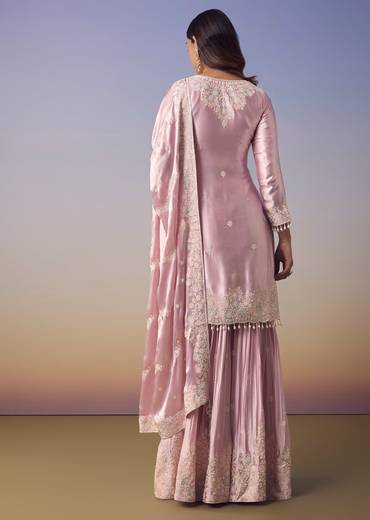Pink Satin Embroidered Kurta Palazzo Set