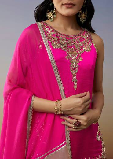 Pink Satin Palazzo Suit with Beads Sequins Work