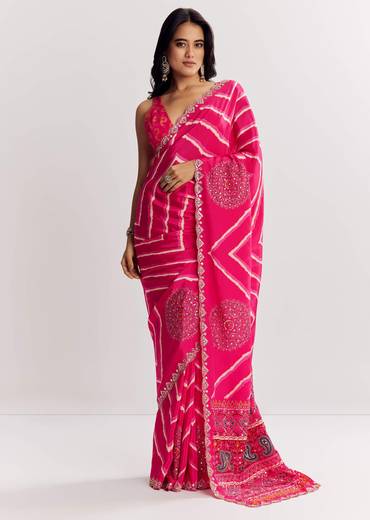 Pink Satin Saree With Gota And Mirror Embroidery