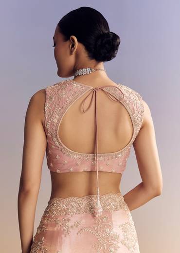 Pink Satin Saree With Scalloped Embroidery