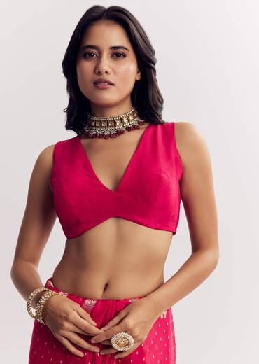 Pink Satin Saree With Zari Vine Design