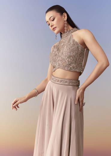 Pink Sequin Embellished Crop Top Palazzo Set