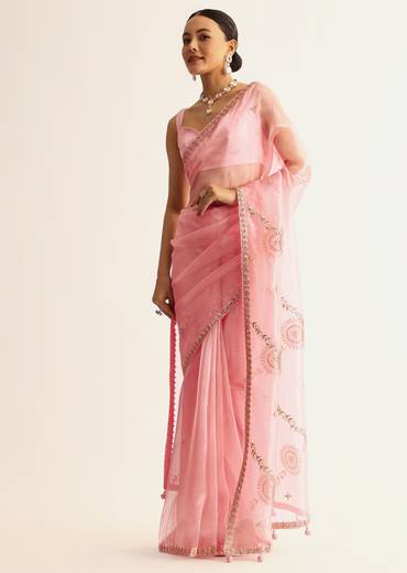 Pink Sequin Embroidered Organza Saree With Gotta Patti Embroidery