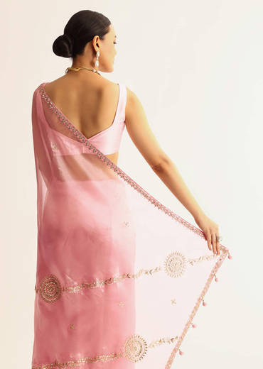Pink Sequin Embroidered Organza Saree With Gotta Patti Embroidery