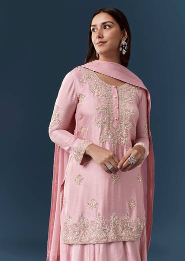 Pink Sequin Work Kurta and Skirt Set