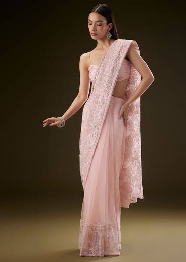 Pink Sequins Saree With Ruched Blouse