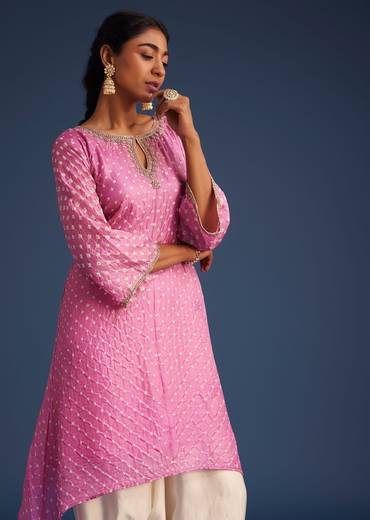 Pink Silk Bandhani Embroidered Asymmetrical Kurta Dhoti Set