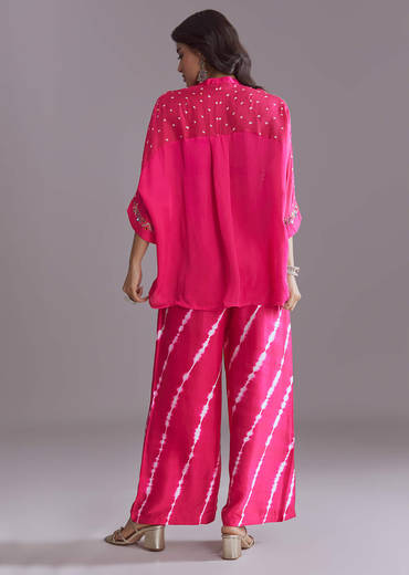 Pink Silk Co-Ord Set With Authentic Bandhani And Leheriya Print