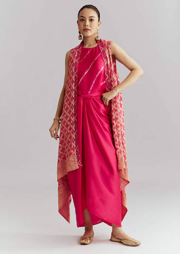 Pink Silk Crop Top And Wrap Skirt Set With Bandhani banarasi jacket