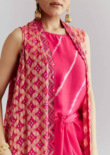 Pink Silk Crop Top And Wrap Skirt Set With Bandhani banarasi jacket