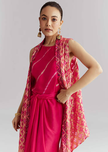Pink Silk Crop Top And Wrap Skirt Set With Bandhani banarasi jacket