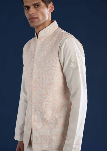 Pink Silk Jacket and Kurta Set with Dori Work