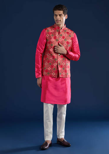 Pink Silk Jacket and Kurta Set with Sequin Work