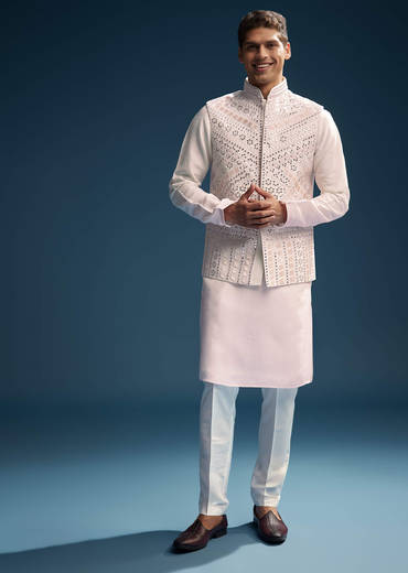 Pink Silk Kurta Jacket Set For Men With Mirror And Patch Work