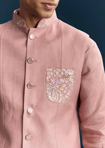 Pink Silk Kurta Jacket Set With Minimal Thread Detail Work