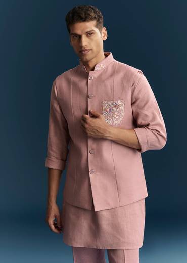 Pink Silk Kurta Jacket Set With Minimal Thread Detail Work