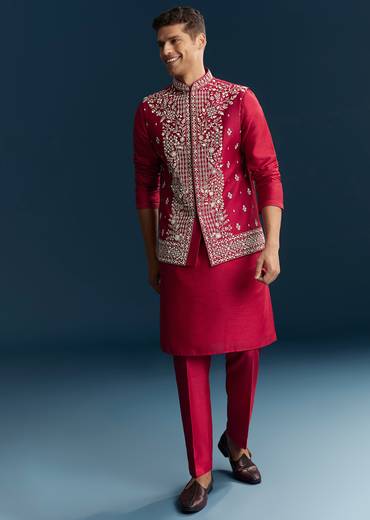 Pink Silk Kurta Jacket Set With Thread And Mirror Work