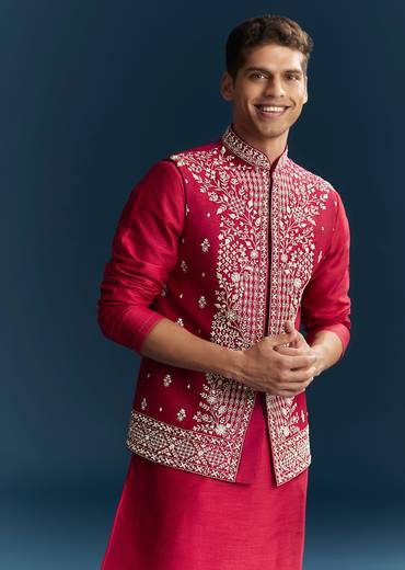 Pink Silk Kurta Jacket Set With Thread And Mirror Work