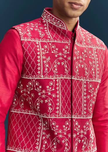 Pink Silk Kurta Jacket Set With Thread Detail Work