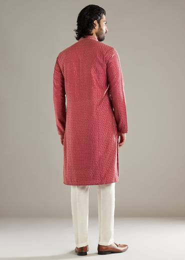 Pink Silk Kurta Set For Men With Floral Print