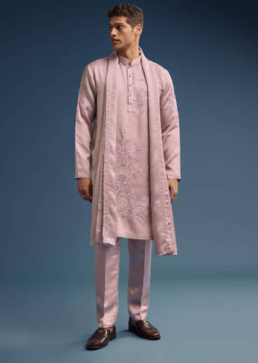 Pink Silk Kurta Set For Men With Hand Done Thread Work