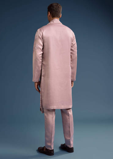 Pink Silk Kurta Set For Men With Hand Done Thread Work