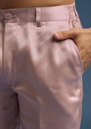 Pink Silk Kurta Set For Men With Hand Done Thread Work