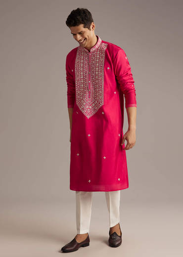 Pink Silk Kurta Set For Men With Mirror And Thread Work