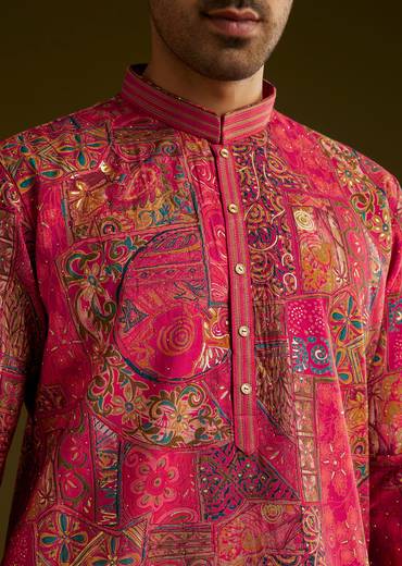 Pink Silk Kurta Set With Floral Abstract Prints