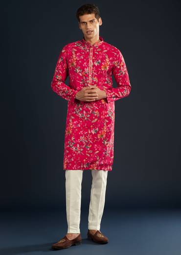 Pink Silk Kurta Set with Floral Motifs