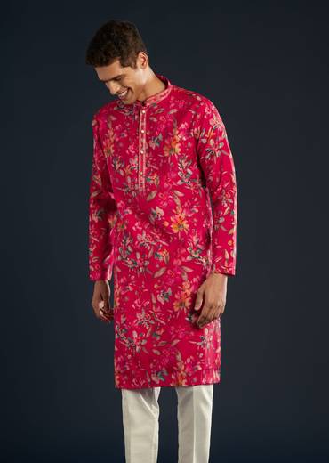 Pink Silk Kurta Set with Floral Motifs