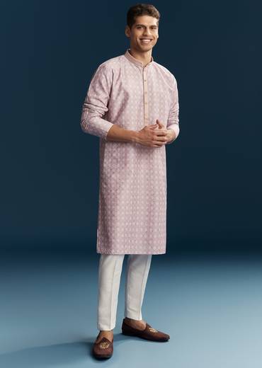 Pink Silk Kurta Set With Minimal Thread Detail