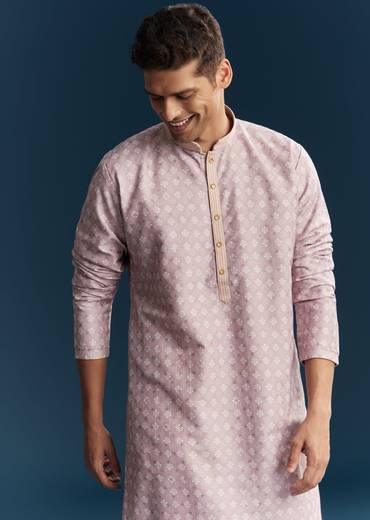 Pink Silk Kurta Set With Minimal Thread Detail