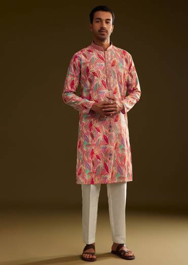 Pink Silk Leaf Printed Kurta Set