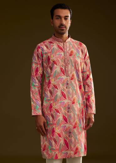 Pink Silk Leaf Printed Kurta Set
