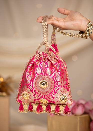 Pink Silk Mirror Embellished Tassel Potli Bag