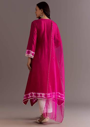 Pink Silk Moti Embroidered Kurta Set With Organza Dupatta