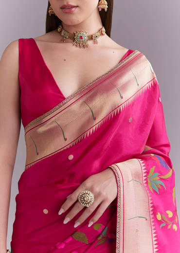 Pink Silk Muniya Paithani Saree With Multicolour Floral Motifs