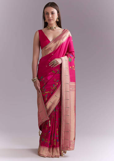 Pink Silk Muniya Paithani Saree With Multicolour Floral Motifs