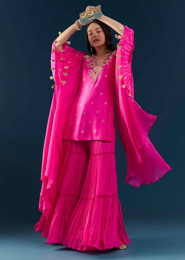 Pink Silk Top and Sharara Set with Sequin Work